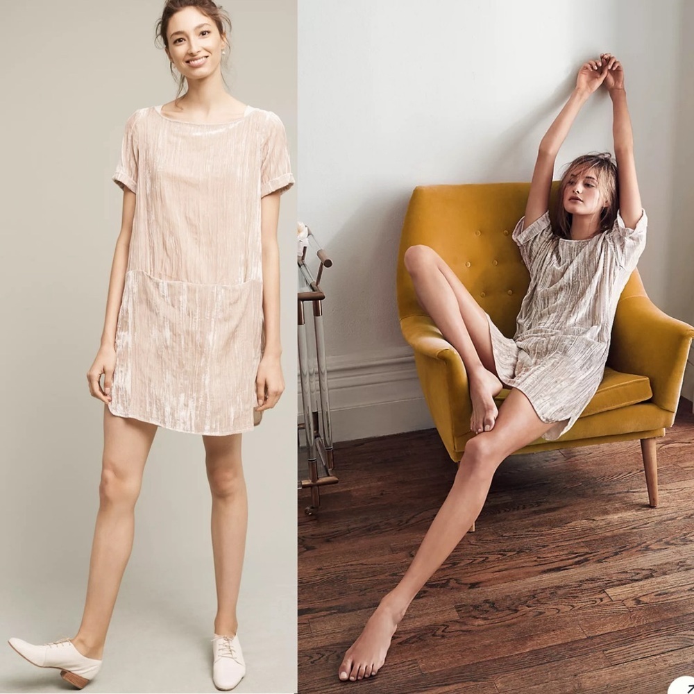 Anthropologie Floreat Crinkled Velvet Tunic Shift Dress Tan Neutral Sheen Sz S